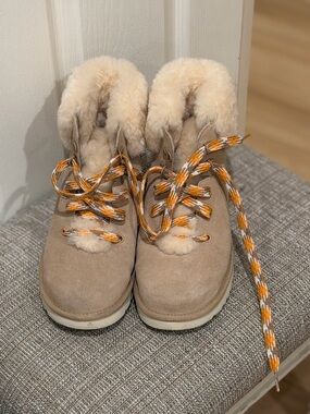 Womens Cozy Shearling-Lined Tan Winter Boots with Orange Accent Laces